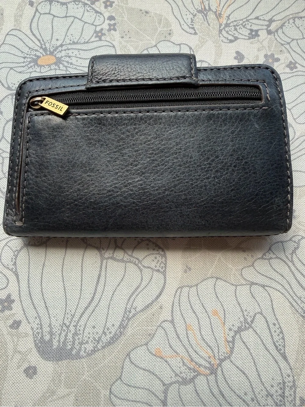 Fossil Navy Blue Leather Tab Wallet Zip Coin Pocket Card Organizer